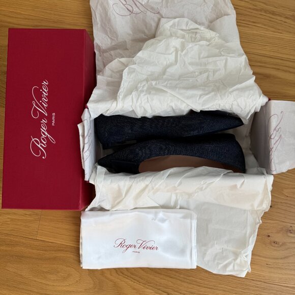 LIMITED EDITION Roger Vivier Gommettine Leather-Trimmed Denim Flats 38.5 - Picture 10 of 11